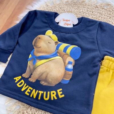 Conj. Casaco Capivara Adventure e Calça de Moletom - Marinho e Mostarda